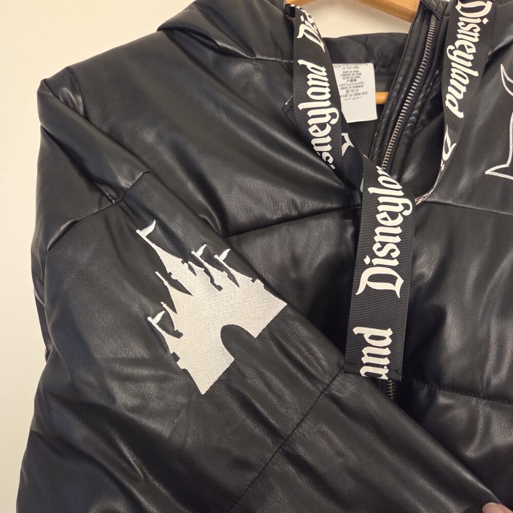 Disneyland Resort Black Faux Leather Puffer Jacket Hood Goth Font XL Unisex - Picture 7 of 13